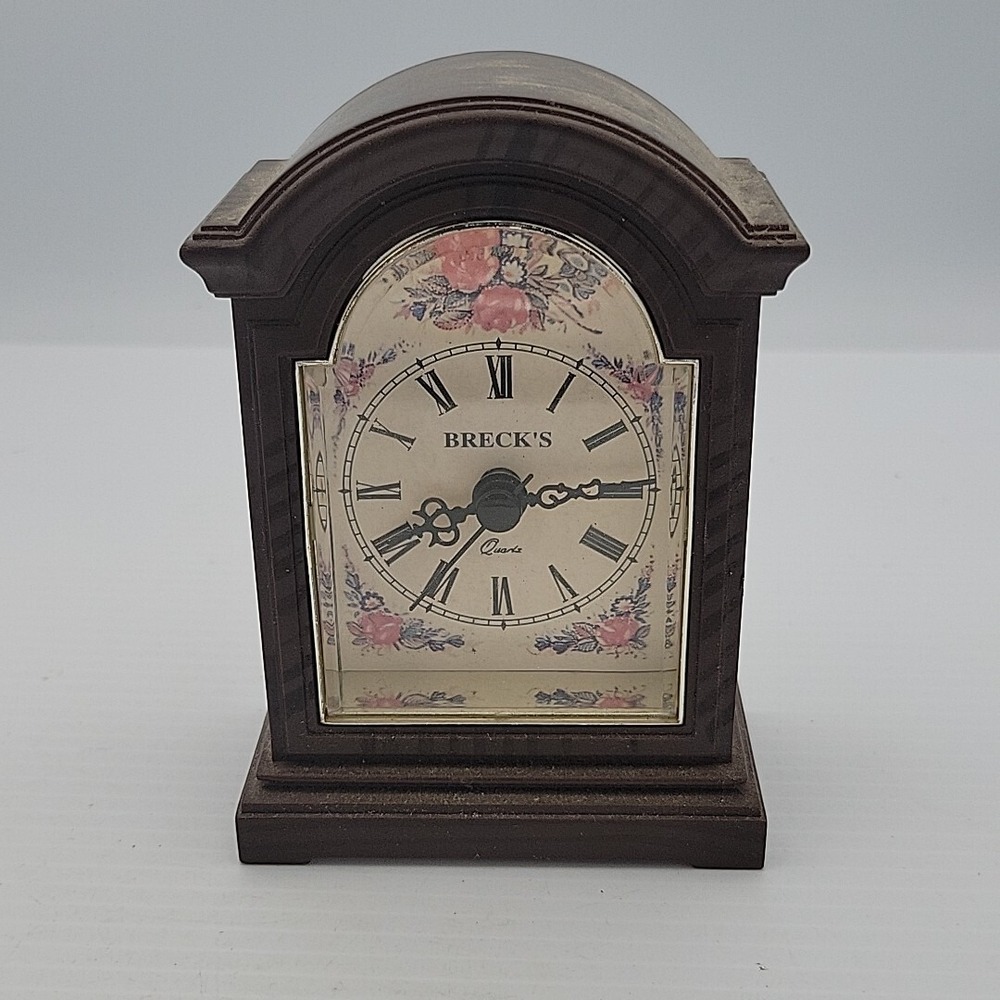 Vintage Brecks Brown Mantle Clock Floral Face Small Plastic Case Working Quartz